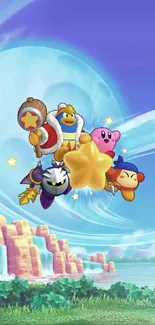 Kirby and friends soaring under a blue sky in fantasy landscape wallpaper.