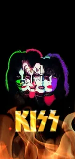 KISS band art with flames and neon accents in vibrant wallpaper.