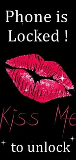 Lock screen wallpaper with kiss graphic and playful text on black background.