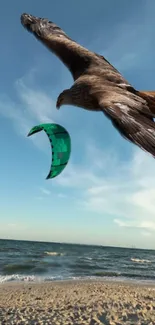 Majestic eagle soaring over a beach with kite surfing in view.