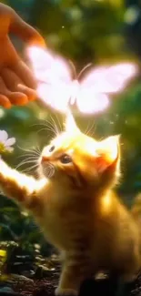 Kitten reaching towards a glowing butterfly in a vibrant garden setting.