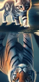 A kitten and tiger reflection in artistic wallpaper.