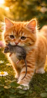 Ginger kitten carrying a mouse in a sunny field.