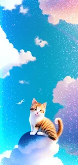 A cute kitten sits atop fluffy clouds under a vibrant blue sky with soft lighting.