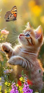 A playful kitten reaches for a butterfly among colorful flowers.