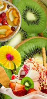 Kiwi-themed dessert wallpaper featuring fresh fruits and dessert.