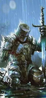 Kneeling knight holding a sword in the rain.