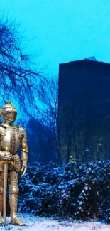 Knight in armor beside snowy tower landscape.