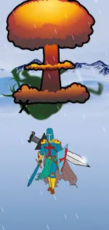 Knight with sword and explosion on snowy background.