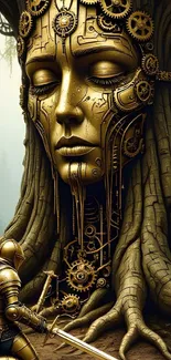 Knight encounters mystical tree with mechanical face in fantasy art.
