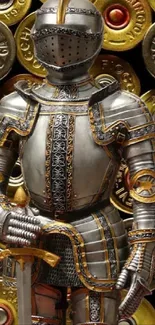 Medieval knight in metallic armor with bullet casing background.