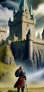 Knight gazing at majestic enchanted castle in a fantasy landscape.