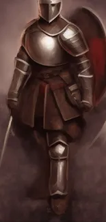 A digital artwork of a medieval knight in shining armor with a shield and sword.