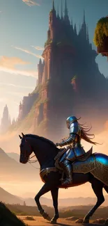 Knight on horseback with a grand castle in the background at sunset.