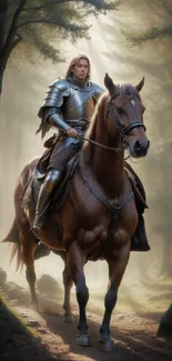 Knight in armor riding a horse through a mystical forest.