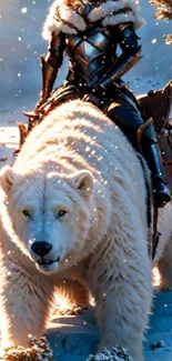Knight in armor riding a polar bear through snowy landscape.