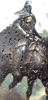 Knight in armor riding horse in the rain, creating an epic medieval vibe.