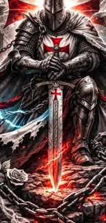 Medieval knight with sword and cross.