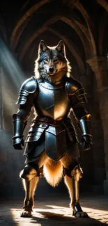 Majestic armored wolf in medieval castle setting.