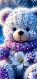Charming knitted teddy bear in a winter setting with floral accents.