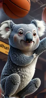 Koala enthusiastically playing basketball in an animated scene.