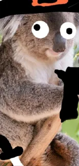 Koala in a cute Halloween costume sitting on a tree branch.