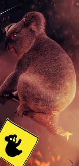 Koala sitting on a fiery branch with a koala warning sign.