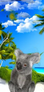 Charming koala with tropical backdrop of palm trees and blue sky.