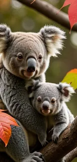 Koala mother and baby on a tree branch with vibrant autumn leaves.