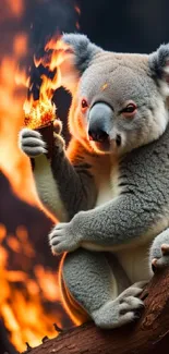 Koala holding a burning torch with intense flames in the background.