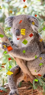 Koala sitting on a tree with vibrant confetti.