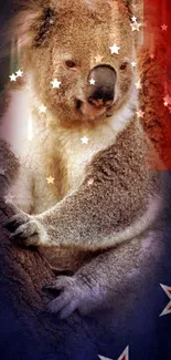 Koala perched on tree with flag background.