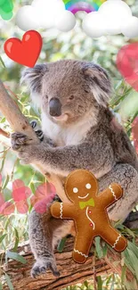 Koala on branch with gingerbread and hearts.