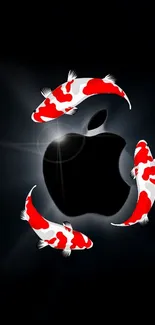 Koi fish swim around a glowing Apple logo on a sleek black background.