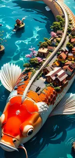 Fantasy koi fish with village on its back in turquoise water.