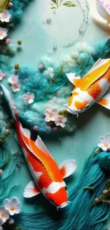 Koi fish swimming with cherry blossoms on teal background.