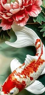 Koi fish swimming beneath blooming flower.