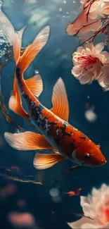 Orange koi fish amidst cherry blossoms underwater.