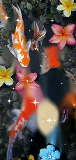 Colorful koi fish and flowers on a dark stone background with sparkling effects.