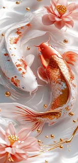Elegant koi fish with pink lotus flowers in serene water art.