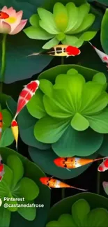 Beautiful koi fish swimming among lush lotus leaves.