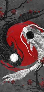 Yin yang koi fish with a red circle in dark-gray wallpaper.