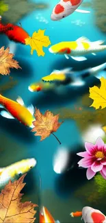 Colorful koi swimming with autumn leaves in a serene pond scene.