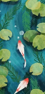 Two koi fish in a serene, leafy pond scene.