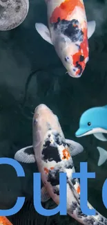 Koi fish swimming under moonlight with playful emojis.