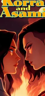 Korra and Asami facing each other in fiery background.