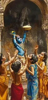 Artwork of Krishna with friends reaching for a pot, dressed in traditional attire.