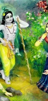 Krishna and gopis in vibrant nature art.