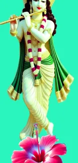 Krishna statue with lotus and flute on aqua background.
