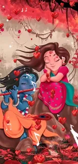 Krishna and Radha serene mobile wallpaper with vivid reds, artistic theme.